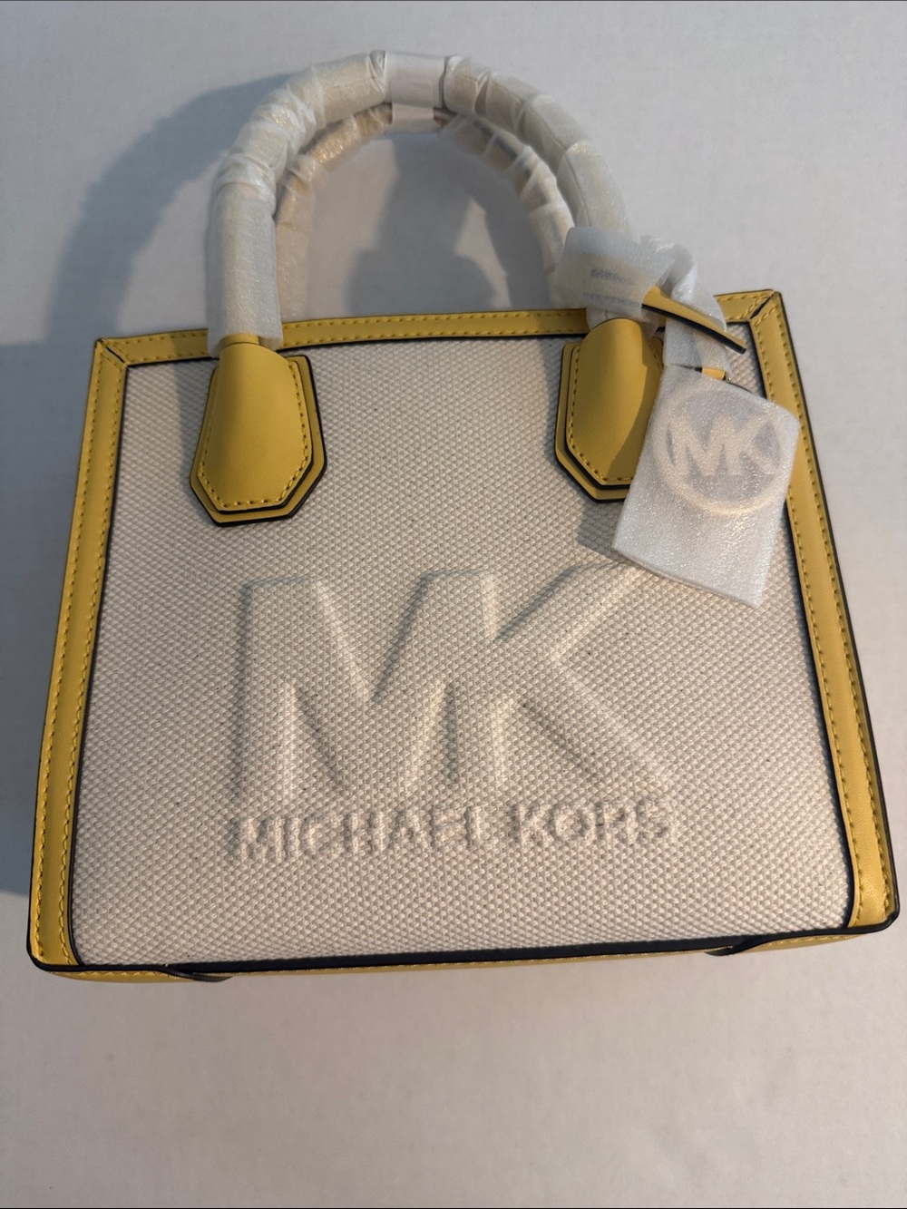 Michael Kors Cream Canvas Tote with Yellow Trim